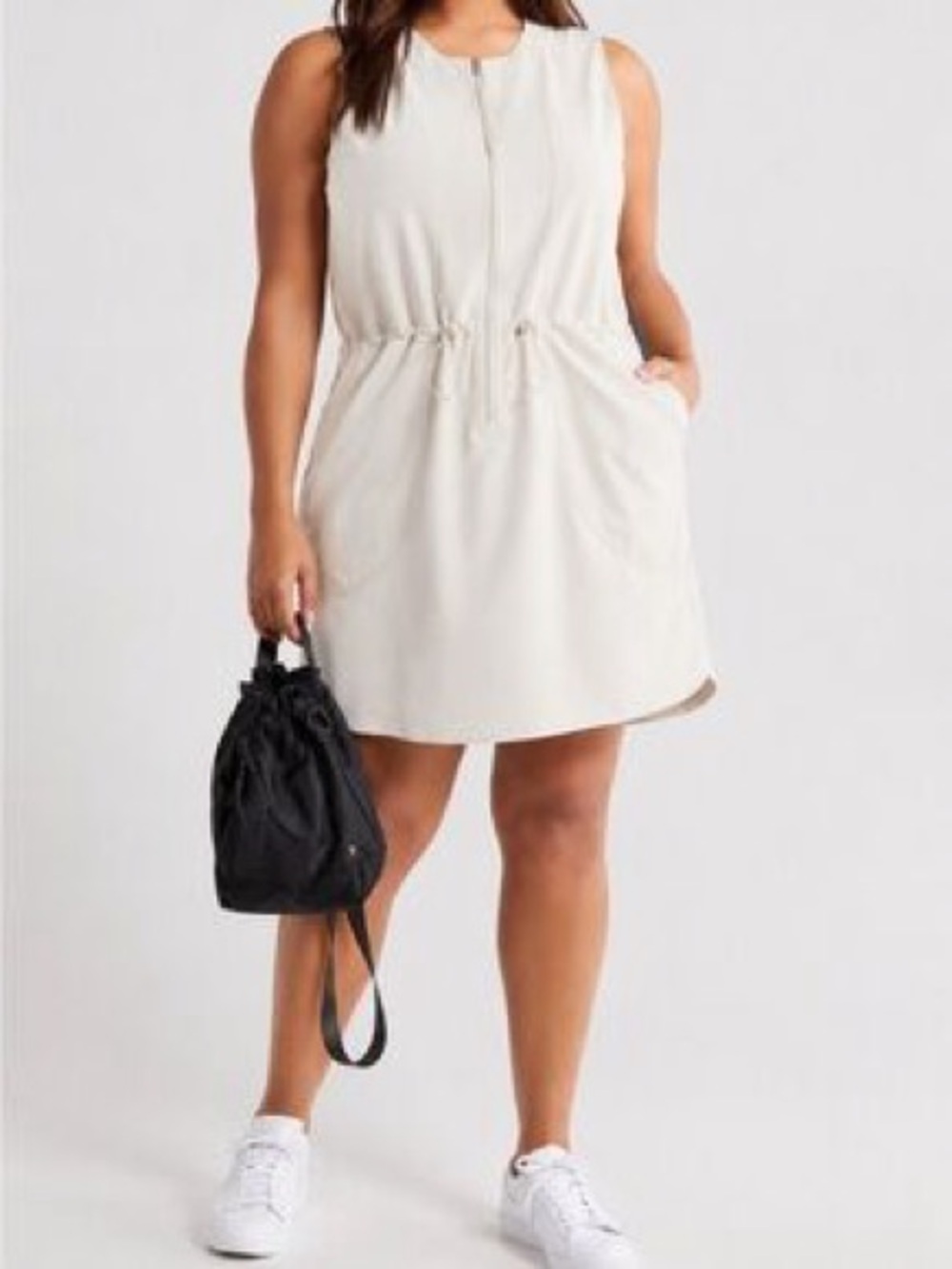 Zella Cream Drawstring Zip-Front Sleeveless Dress